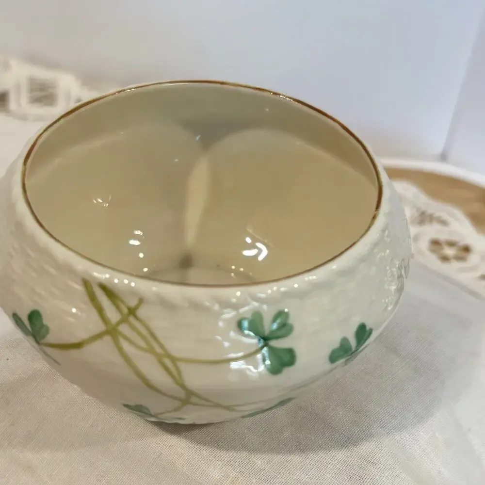 Belleek Ireland Millennium 2000 Shamrock Bowl Basketweave 4.5” Irish Porcelain
